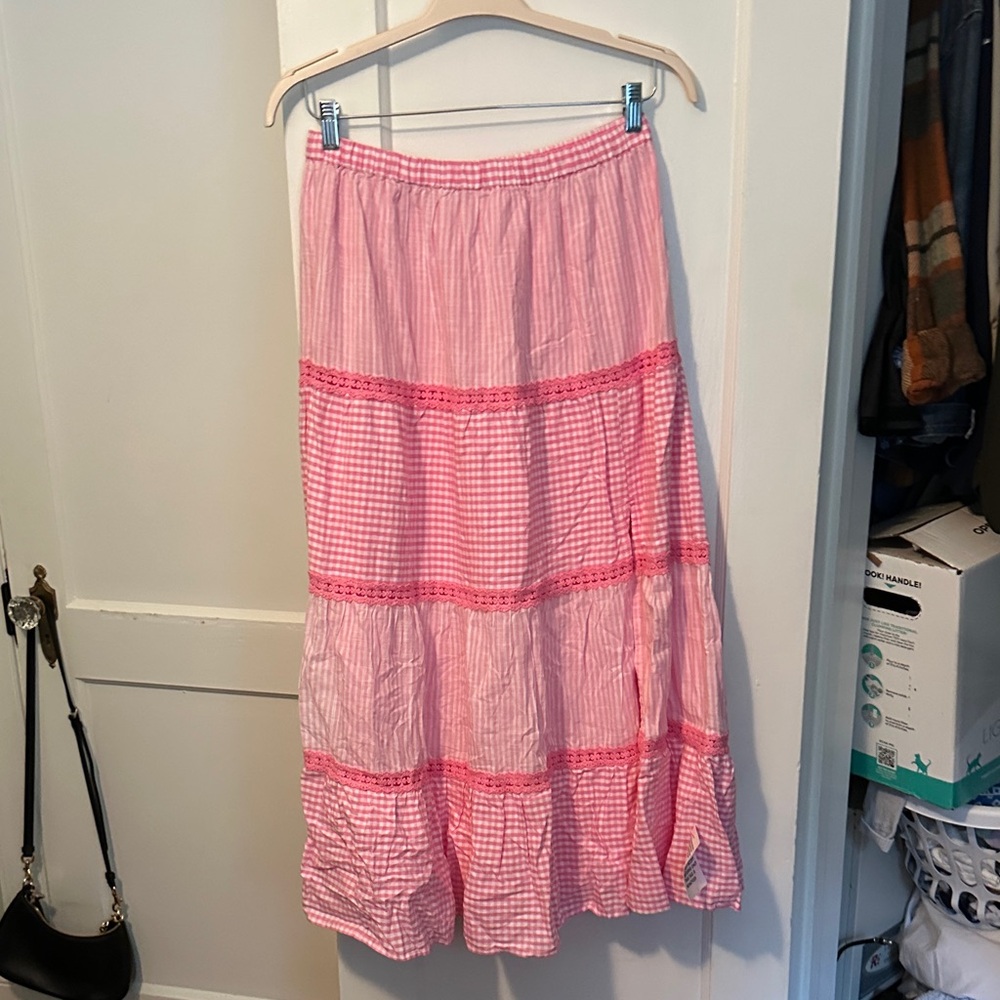 Miss Selfridge Pink Tiered Maxi Skirt with Gingham Panels